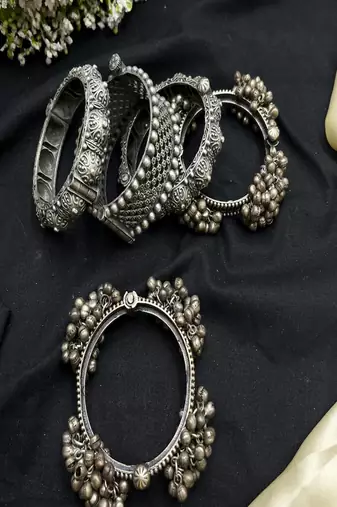 Oxidized silver bangle bracelet set for women|vintage tribal boho jewelry|ghungroo ethnic