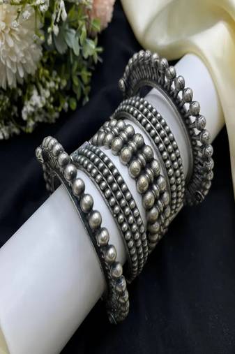 Oxidized silver look tribal kada set | ball design spike wide broad statement bangles