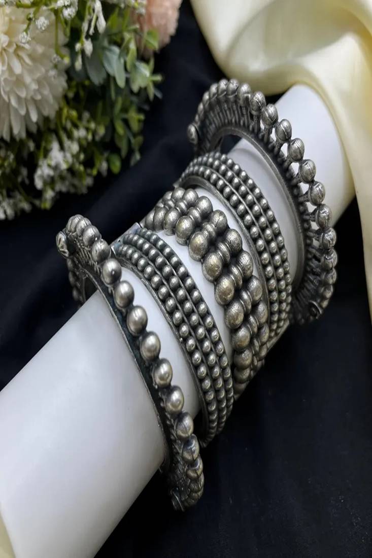 Oxidized silver look tribal kada set | ball design spike wide broad statement bangles