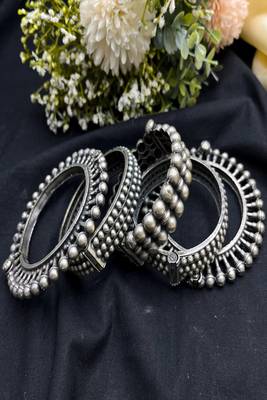 Oxidized silver look tribal kada set | ball design spike wide broad statement bangles 2