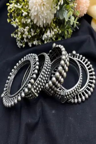 Oxidized silver look tribal kada set | ball design spike wide broad statement bangles