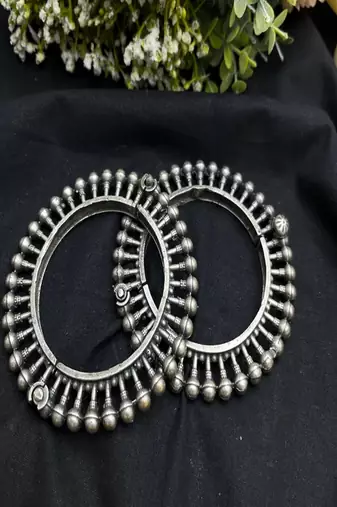 Oxidized silver look tribal kada set | ball design spike wide broad statement bangles