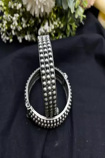 Oxidized silver look tribal kada set | ball design spike wide broad statement bangles
