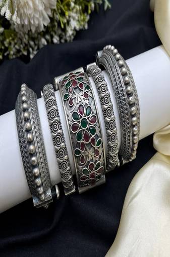 Vintage silver plated hand kada combo set of 5 pc|statement tribal openable ethnic wide kadas