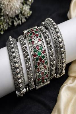 Vintage silver plated hand kada combo set of 5 pc|statement tribal openable ethnic wide kadas 2