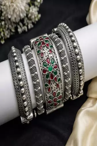 Vintage silver plated hand kada combo set of 5 pc|statement tribal openable ethnic wide kadas