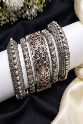 Vintage silver plated hand kada combo set of 5 pc|statement tribal openable ethnic wide kadas 3