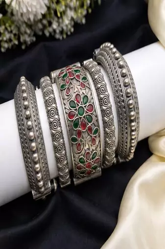 Vintage silver plated hand kada combo set of 5 pc|statement tribal openable ethnic wide kadas