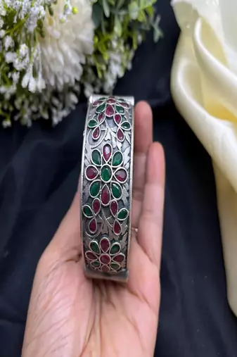 Vintage silver plated hand kada combo set of 5 pc|statement tribal openable ethnic wide kadas