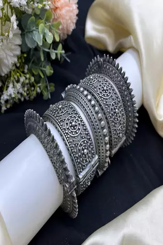 Vintage silver plated hand kada combo set of 5 pc|statement tribal openable ethnic wide kadas