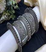 Indian tribal kada stack of 5 pc oxidized silver openable statement bangle bracelet
