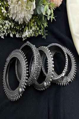 Indian tribal kada stack of 5 pc oxidized silver openable statement bangle bracelet 2