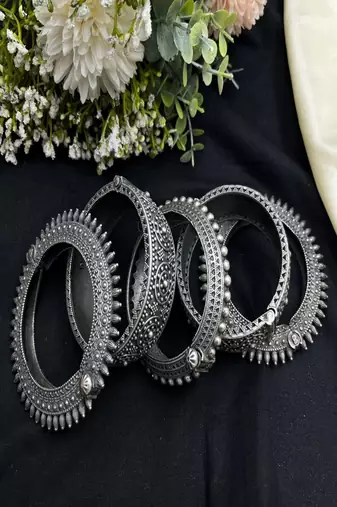 Indian tribal kada stack of 5 pc oxidized silver openable statement bangle bracelet