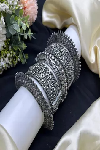 Indian tribal kada stack of 5 pc oxidized silver openable statement bangle bracelet