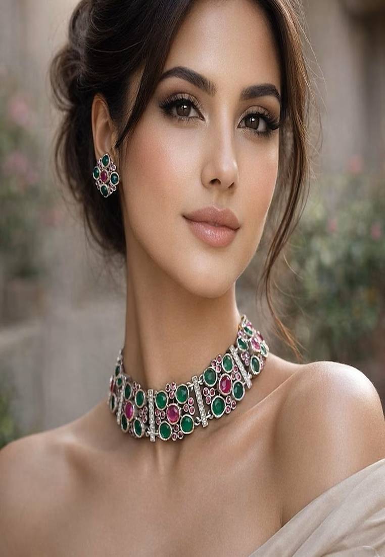 Emerald  ruby choker necklace set, vintage victorian statement necklace