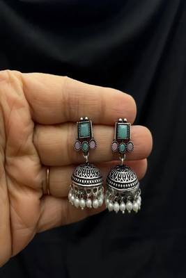 Oxidised silver necklace set with jhumka earrings |pastel mint pink statement jewelry 2