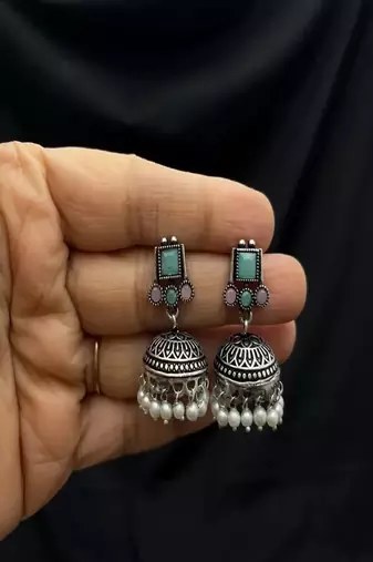 Oxidised silver necklace set with jhumka earrings |pastel mint pink statement jewelry