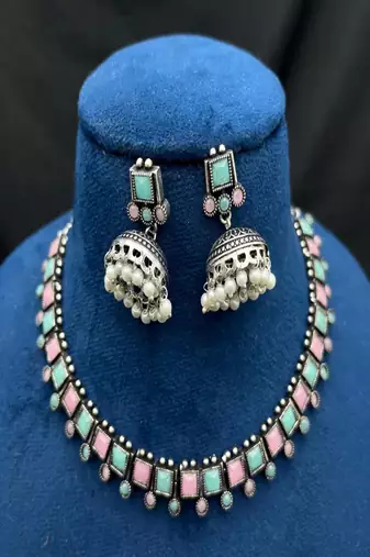 Oxidised silver necklace set with jhumka earrings |pastel mint pink statement jewelry