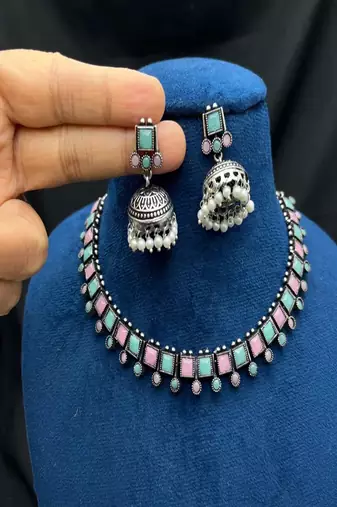 Oxidised silver necklace set with jhumka earrings |pastel mint pink statement jewelry