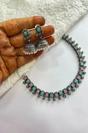 Oxidised silver necklace set with jhumka earrings |pastel mint pink statement jewelry