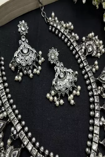 Antique guttapusalu long haram set: south indian bridal jewelry  vintage ethnic statement necklace