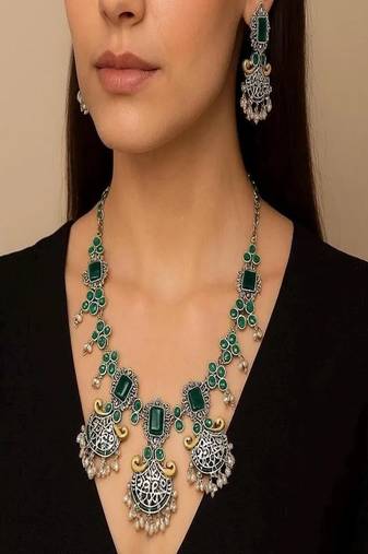 Green kundan stone necklace set: dual tone oxidized silver temple jewelry