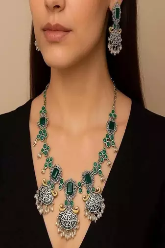 Green kundan stone necklace set: dual tone oxidized silver temple jewelry
