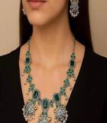 Green kundan stone necklace set: dual tone oxidized silver temple jewelry