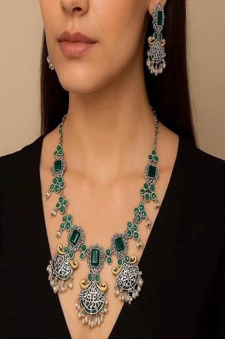 Green kundan stone necklace set: dual tone oxidized silver temple jewelry