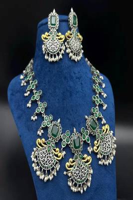 Green kundan stone necklace set: dual tone oxidized silver temple jewelry 2