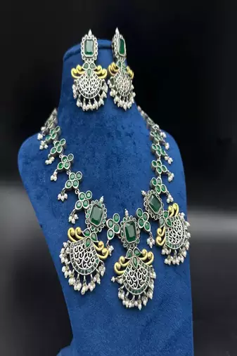 Green kundan stone necklace set: dual tone oxidized silver temple jewelry