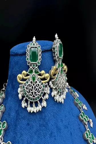 Green kundan stone necklace set: dual tone oxidized silver temple jewelry