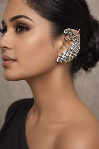 Oxidised silver peacock ear cuff | statement tribal ear crawler