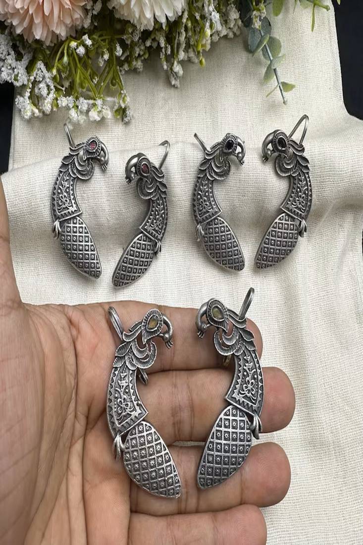 Oxidised silver peacock ear cuff | statement tribal ear crawler