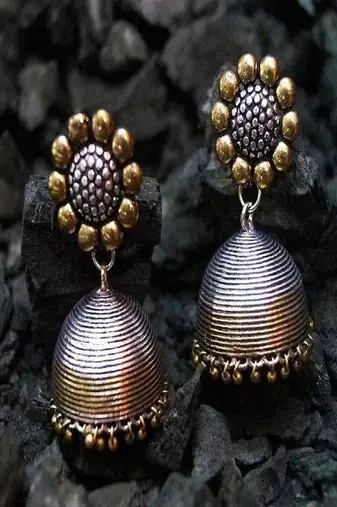 German oxidized silver gold dual tone jhumka earrings – large tribal dome drop earrings
