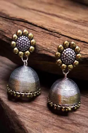 German oxidized silver gold dual tone jhumka earrings – large tribal dome drop earrings