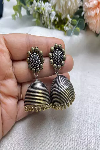 German oxidized silver gold dual tone jhumka earrings – large tribal dome drop earrings