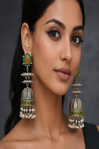 Handmade meenakari jhumka earrings, oxidized silver indian jhumkas with pearls, green & gold enamel boho jewelry