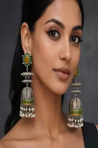 Handmade meenakari jhumka earrings, oxidized silver indian jhumkas with pearls, green & gold enamel boho jewelry