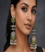 Handmade meenakari jhumka earrings, oxidized silver indian jhumkas with pearls, green & gold enamel boho jewelry