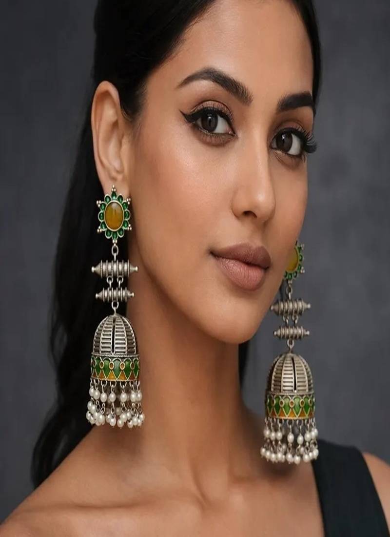 Handmade meenakari jhumka earrings, oxidized silver indian jhumkas with pearls, green & gold enamel boho jewelry