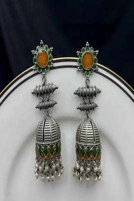 Handmade meenakari jhumka earrings, oxidized silver indian jhumkas with pearls, green & gold enamel boho jewelry 2