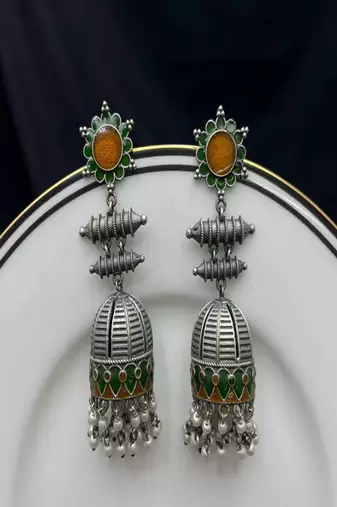 Handmade meenakari jhumka earrings, oxidized silver indian jhumkas with pearls, green & gold enamel boho jewelry