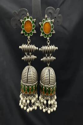 Handmade meenakari jhumka earrings, oxidized silver indian jhumkas with pearls, green & gold enamel boho jewelry 3