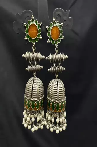 Handmade meenakari jhumka earrings, oxidized silver indian jhumkas with pearls, green & gold enamel boho jewelry