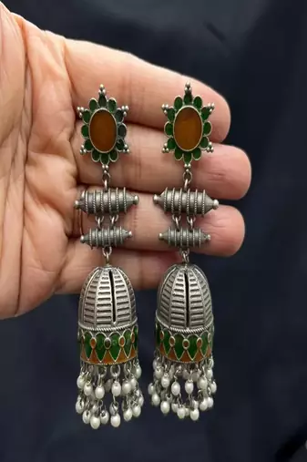 Handmade meenakari jhumka earrings, oxidized silver indian jhumkas with pearls, green & gold enamel boho jewelry