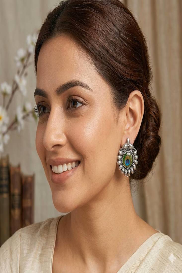 Oxidized peacock feather stud earrings: boho silver tone jewelry