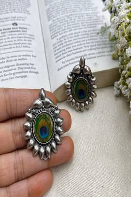 Oxidized peacock feather stud earrings: boho silver tone jewelry 2