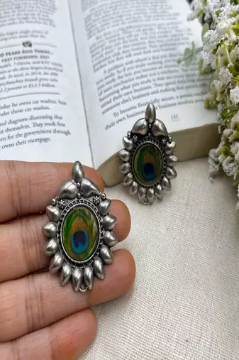 Oxidized peacock feather stud earrings: boho silver tone jewelry