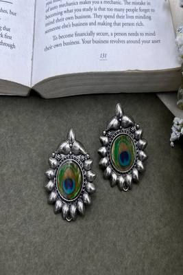 Oxidized peacock feather stud earrings: boho silver tone jewelry 3